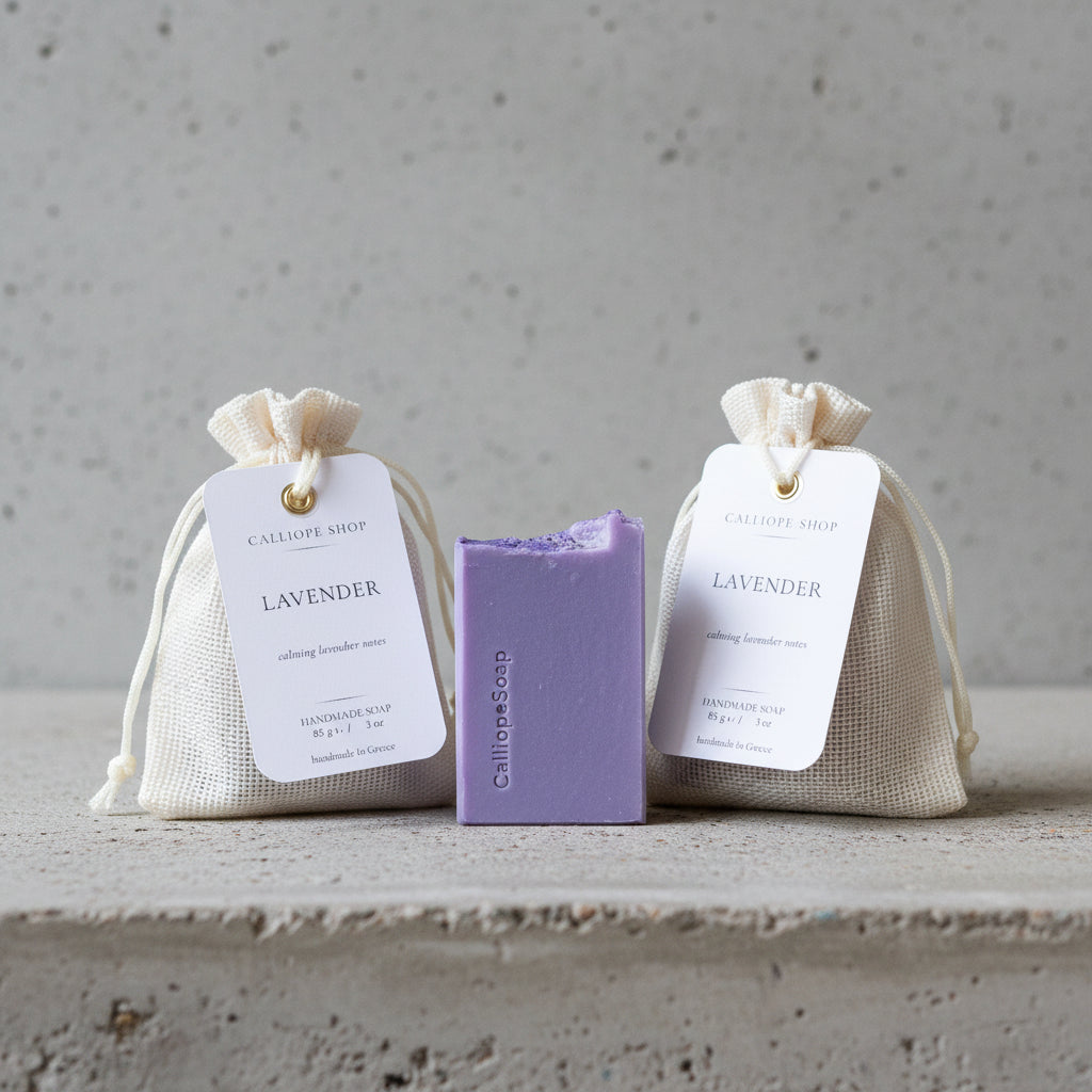 Two lavender-scented soap bags with a bar of soap on a light surface.