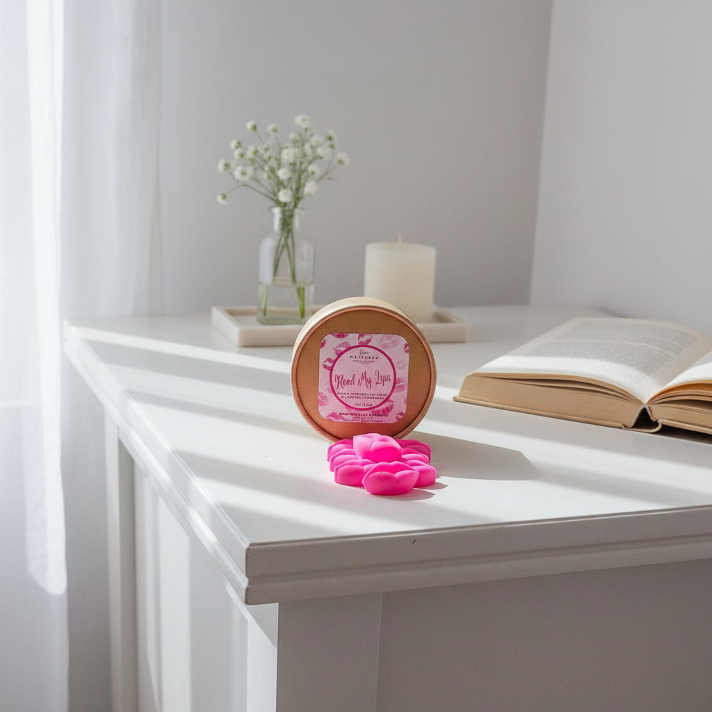 Pink lip shaped wax melts in a container on a white surface with a book and candle in the background
