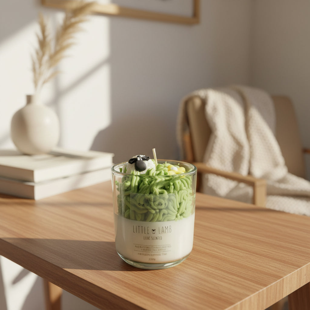 Candle with green textured design and a lamb figurine in a glass container on a table.