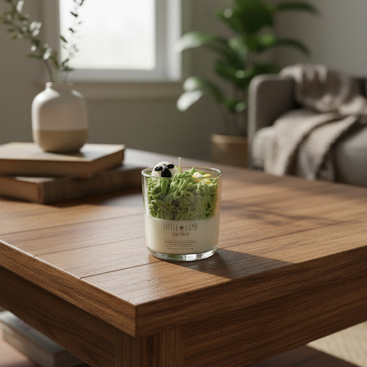 Green textured candle with sheep and flower design in a glass container on a table.