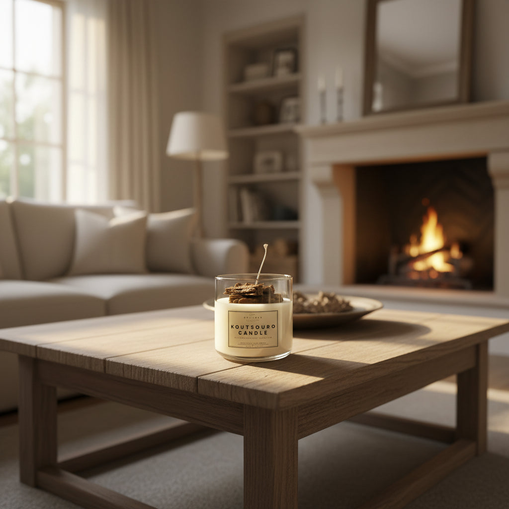 Candle on a wooden coffee table in a cozy living room with a fireplace.