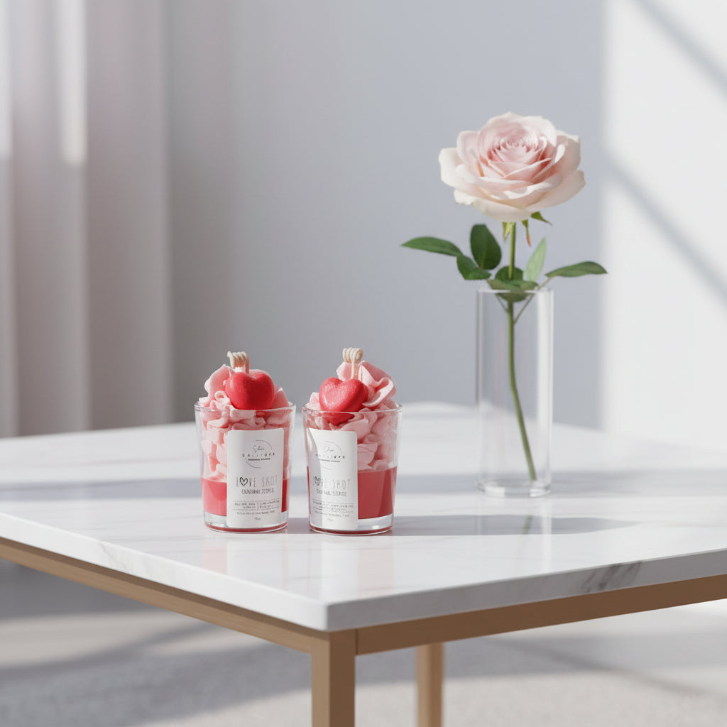 Two small glass containers with heart-shaped candles on a white surface.
