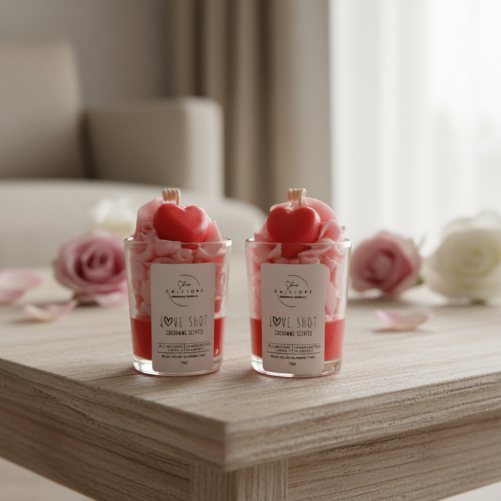 Two red and pink candles shaped like hearts in clear containers with CalliopeShop, Love shot candle' labels on a white background.