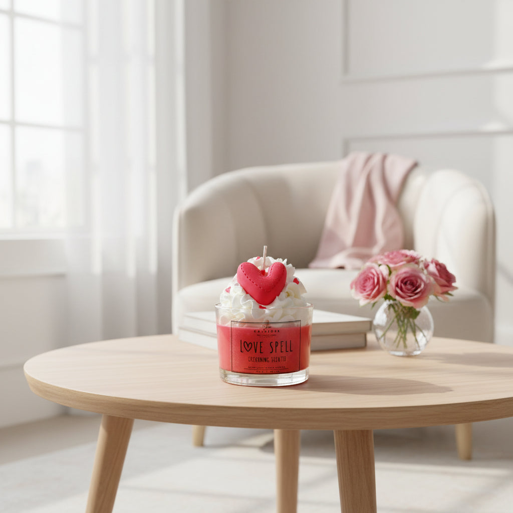 Candle with heart design on a wooden table in a bright room