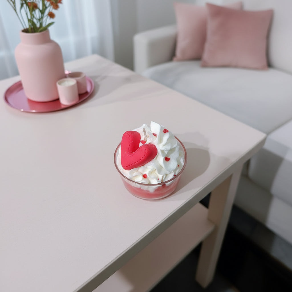 Small dessert with a heart on top on a table in a cozy living room.
