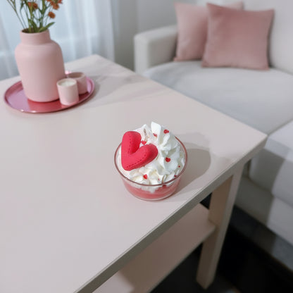 Small dessert with a heart on top on a table in a cozy living room.