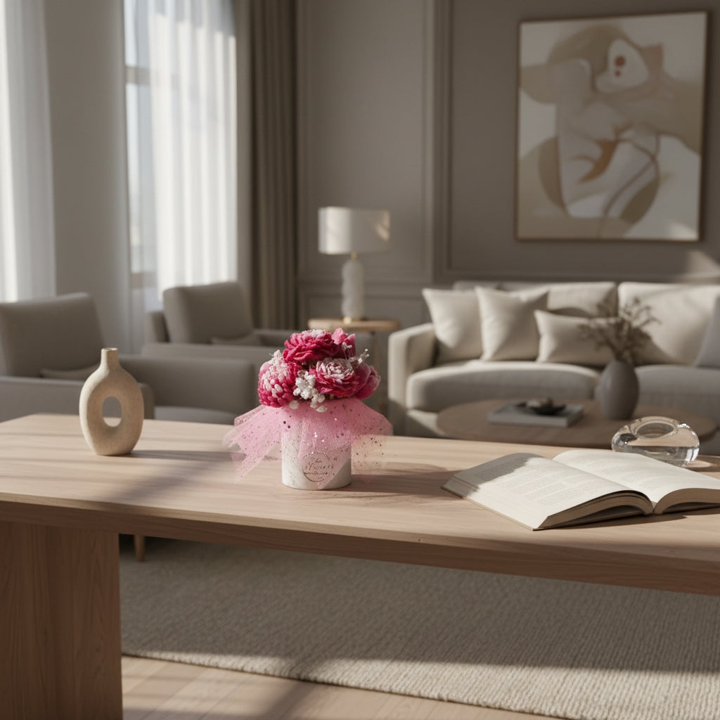 Magenta wax flower bouquet in a silver box with pink tulle placed on a light-toned wooden or cream console in a refined, elegant living room.