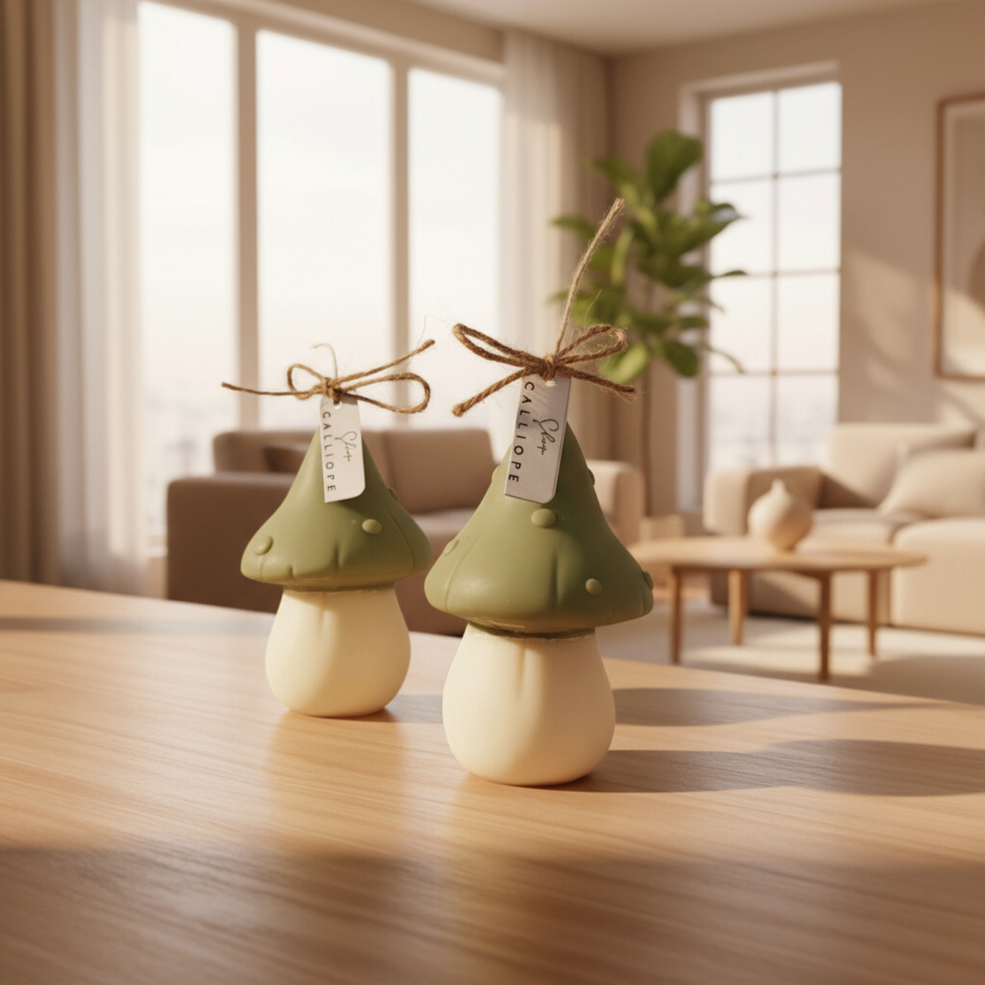 Two decorative mushroom ornaments on a wooden surface with a blurred living room background.