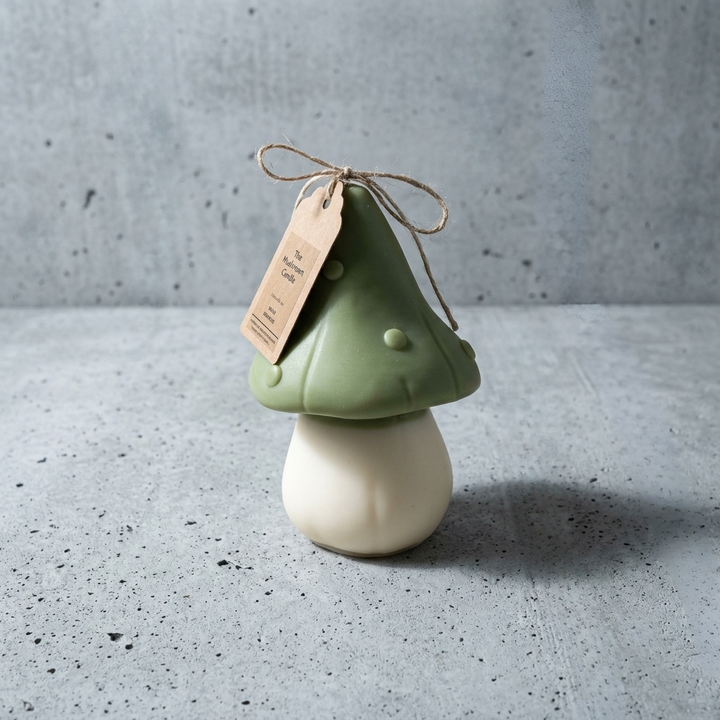 A small mushroom-shaped decorative object with a sage green cap and an off-white rounded base, tied with twine and a kraft paper tag, set on a gray speckled surface against a gray wall.