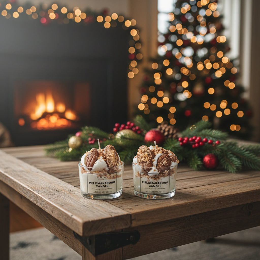 Two candles on a wooden table with a Christmas tree and fireplace in the background