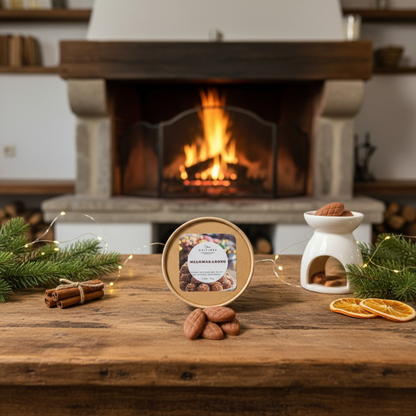 Wooden table with a wax burner and a box of Melomakarono wax melts in front of a fireplace.