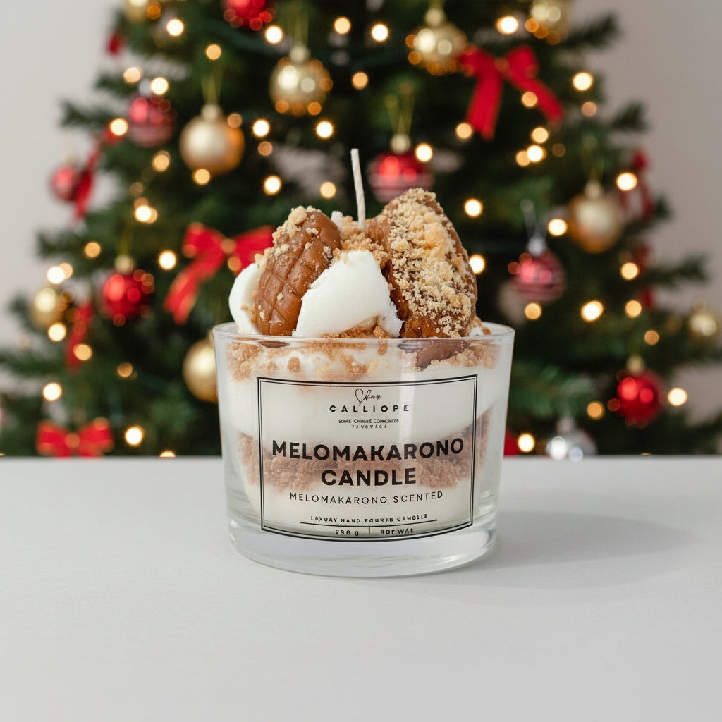 Melomakarono scented candle in a glass jar with decorative elements on a white surface.