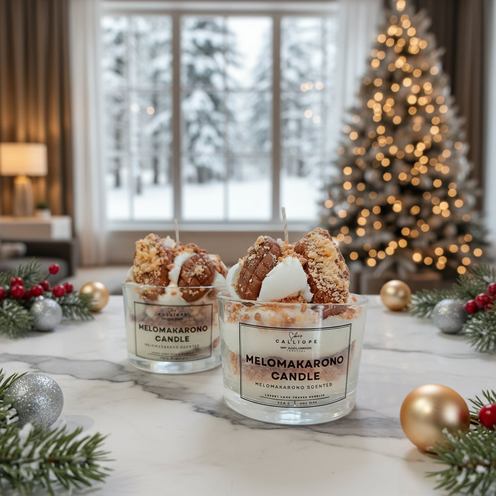Two Melomakarono candles on a table with Christmas decorations and a tree in the background.