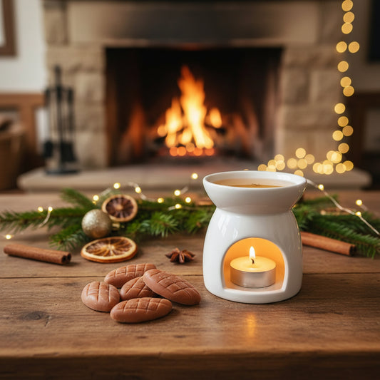 Wax burner with Melomakarono wax melts on a wooden table in front of a fireplace with Christmas decorations.