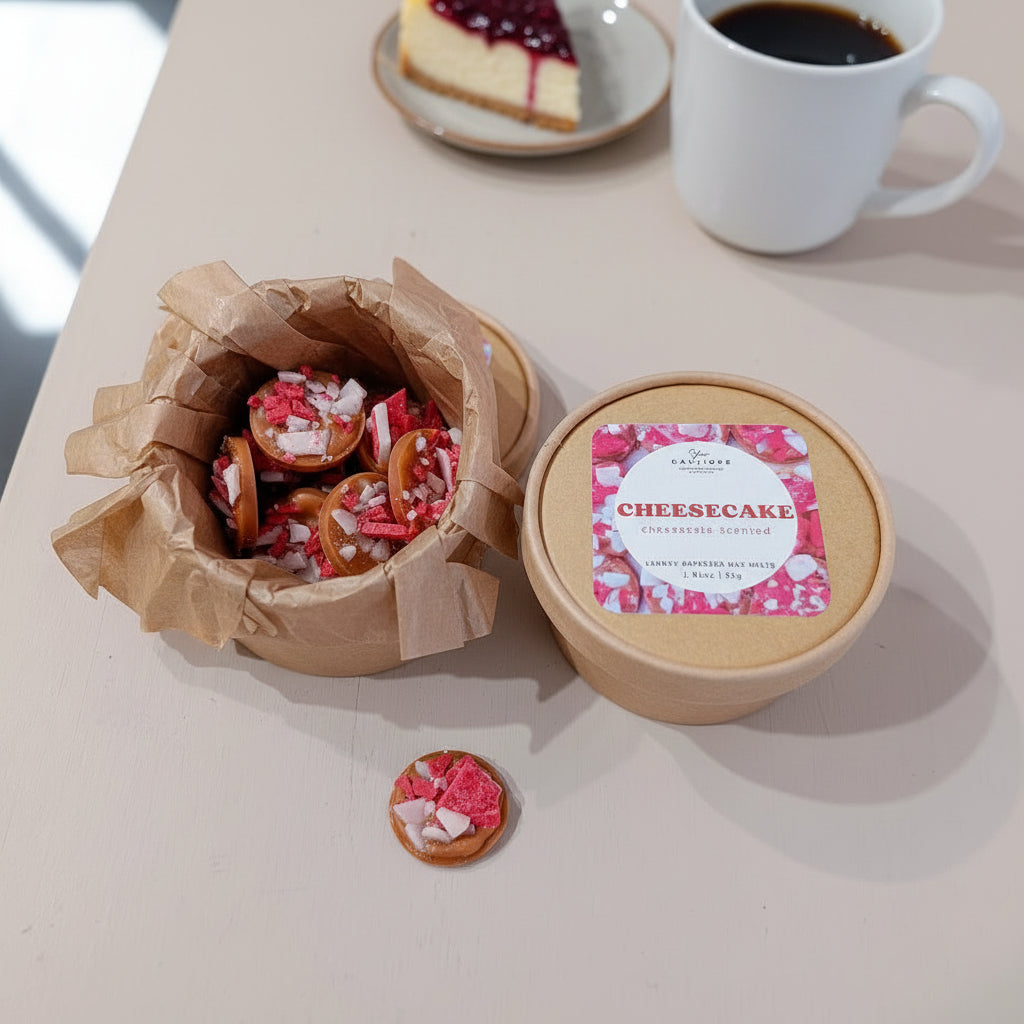 Mini cheesecake wax melts in a craft box labeled 'Cheesecake' on a table with a cup of coffee.