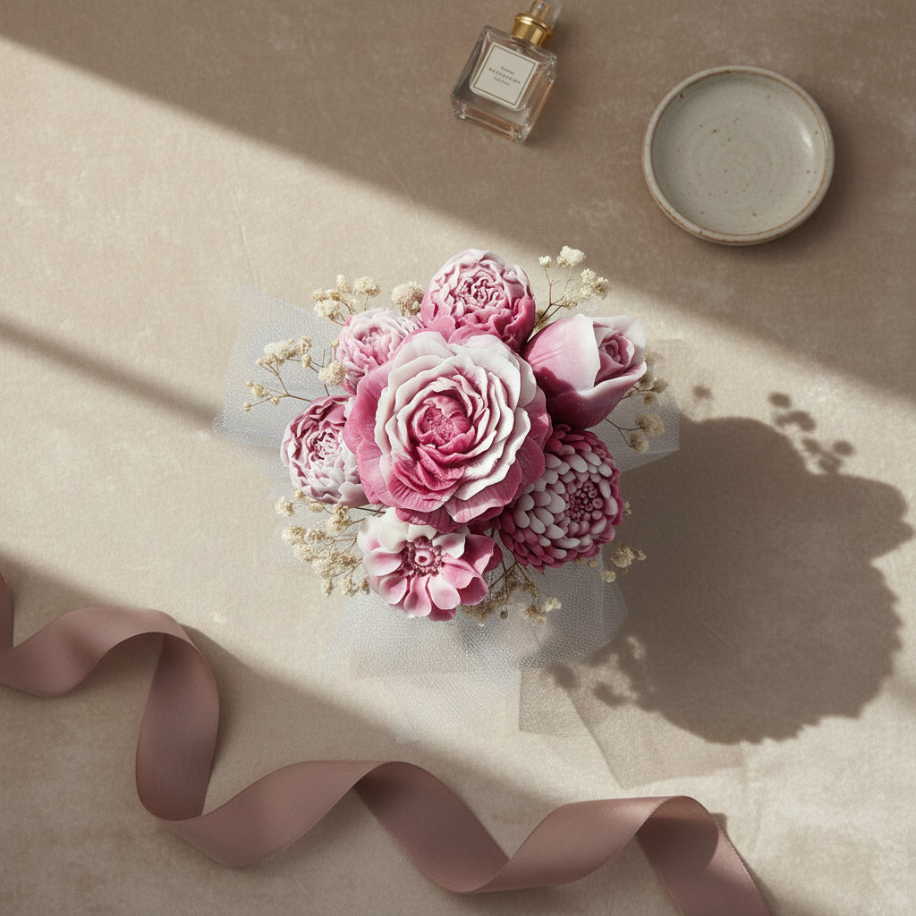 Bouquet of pink flowers with a ribbon on a beige surface, next to a small bottle and dish.