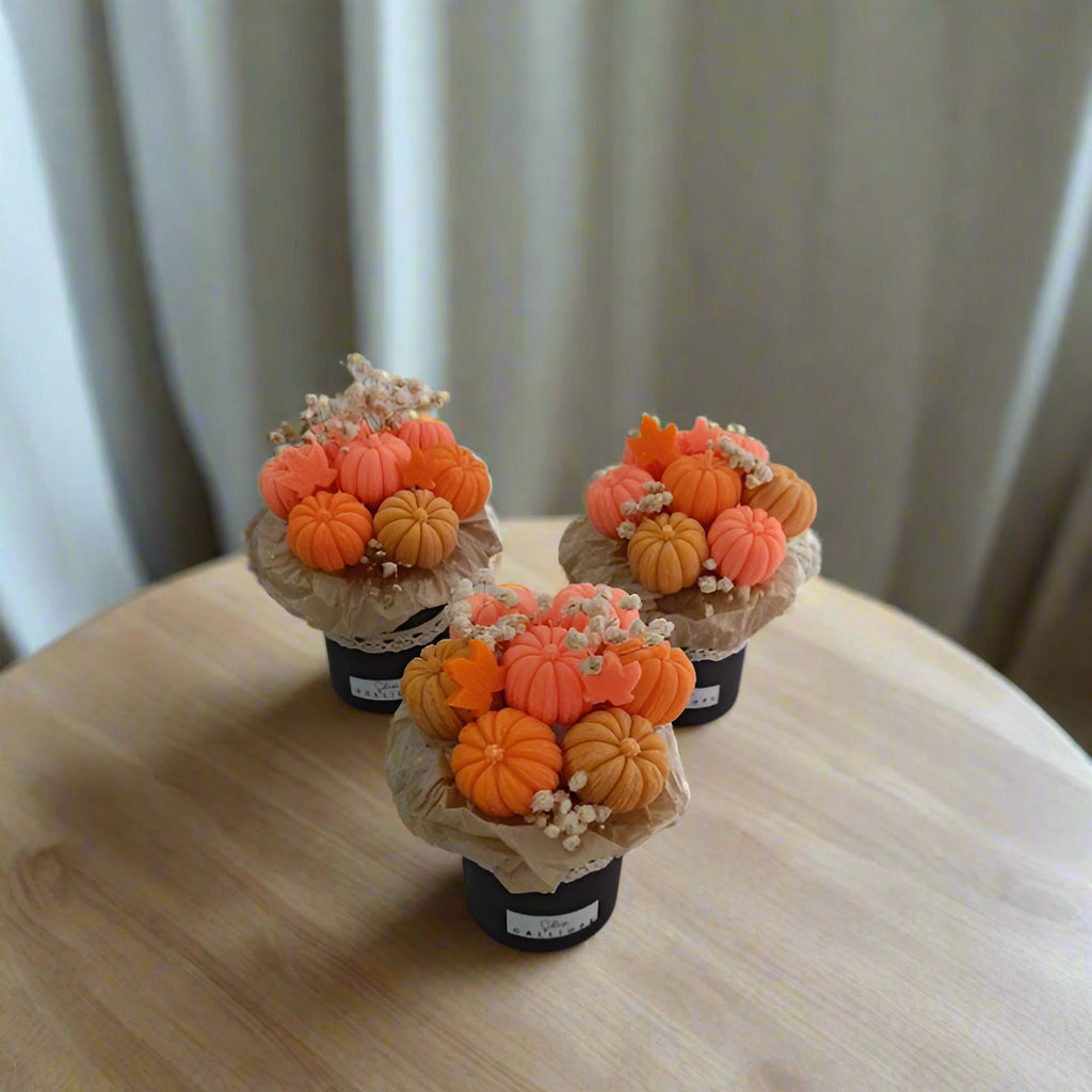 Decorative arrangement of small pumpkins in black pots on a white surface.