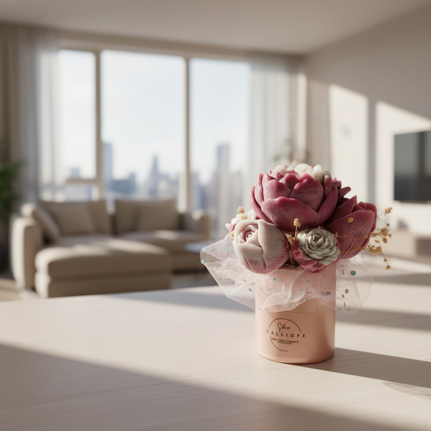 Decorative flower arrangement in a pink vase on a table with a cityscape view through large windows.