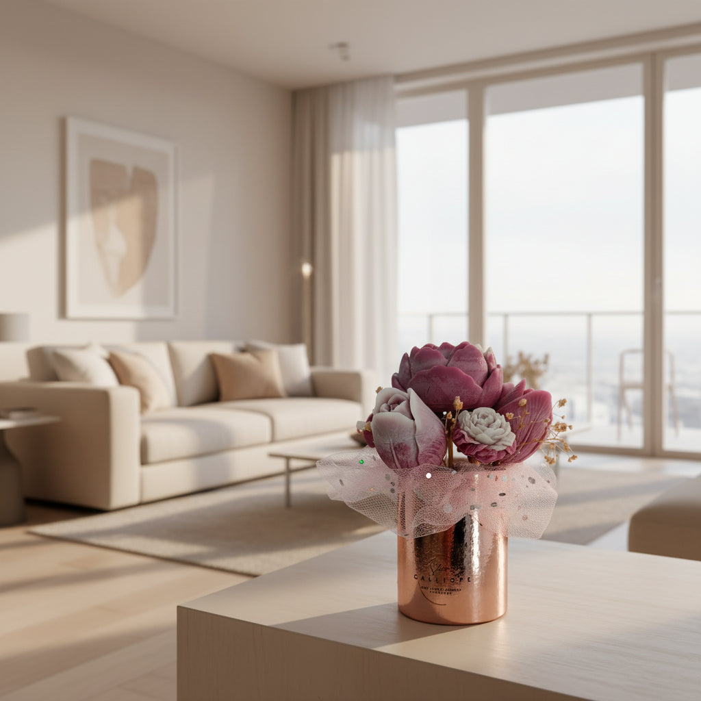 Modern living room with a vase of flowers on a coffee table