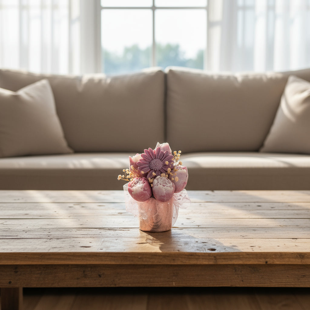 Decorative flower arrangement in a small pot on a wooden surface