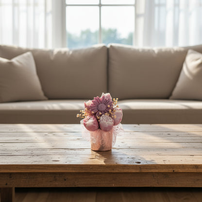 Decorative flower arrangement in a small pot on a wooden surface