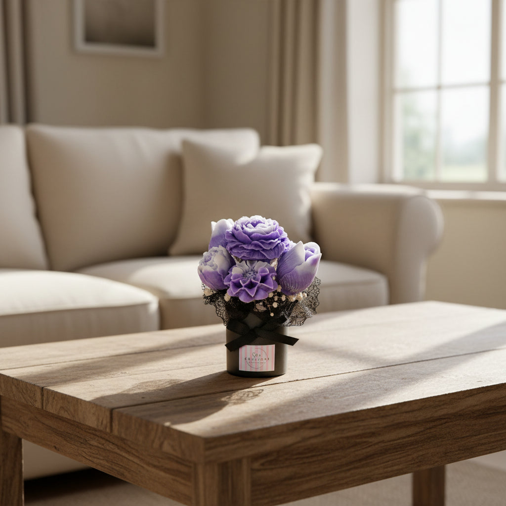 Bouquet of purple and white flowers in a decorative container on a wooden surface.