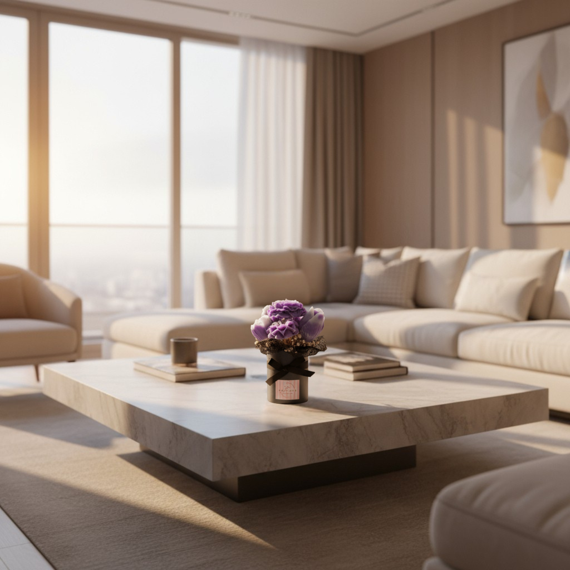 Modern living room with beige sofa, coffee table, and decorative elements.