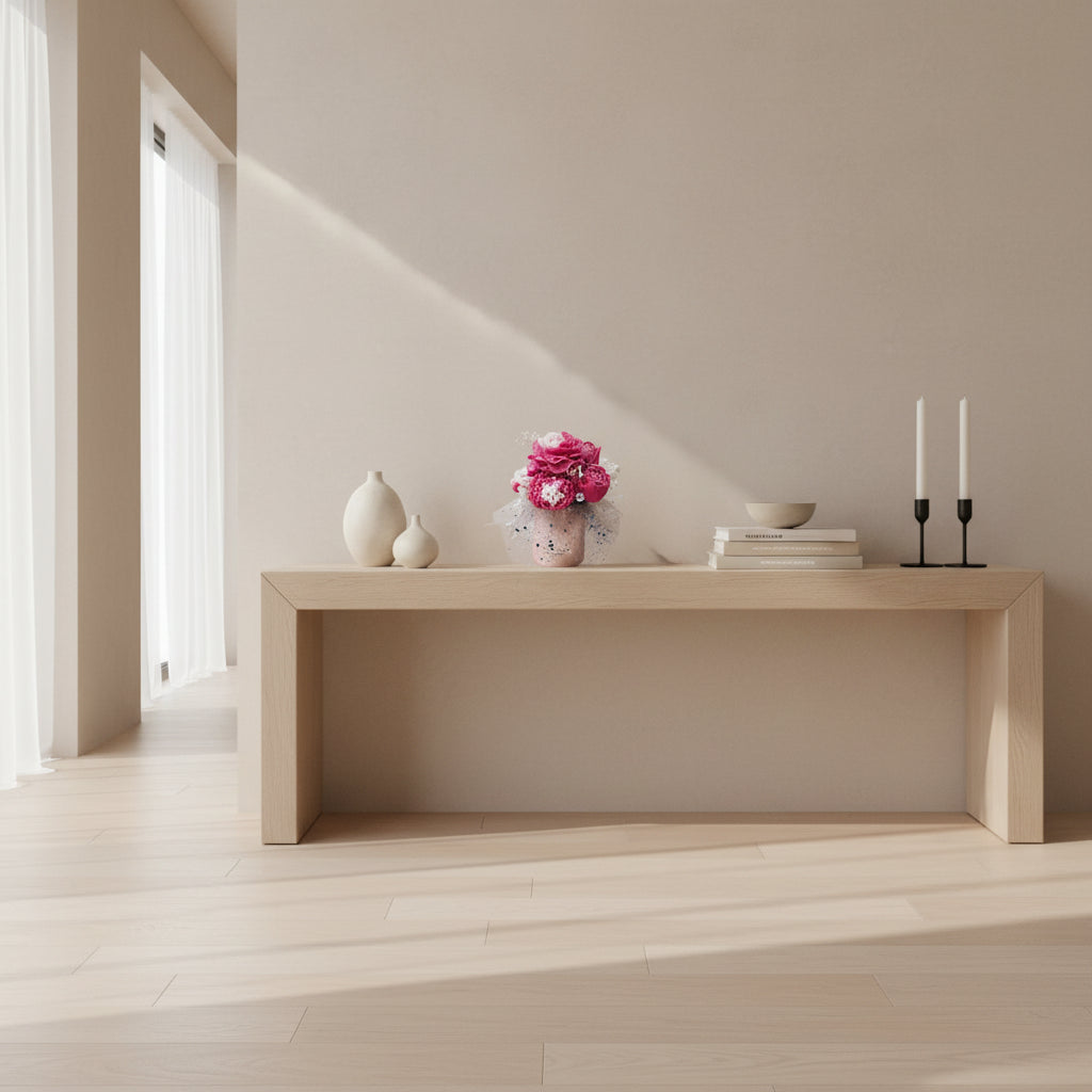 Candle bouquet Minimalist interior with a wooden console table against a white wall.