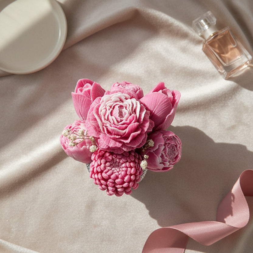 Pink floral corsage with a perfume bottle on a beige fabric background