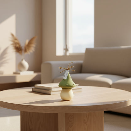 Mushroom-shaped decorative item with a tag on a light surface