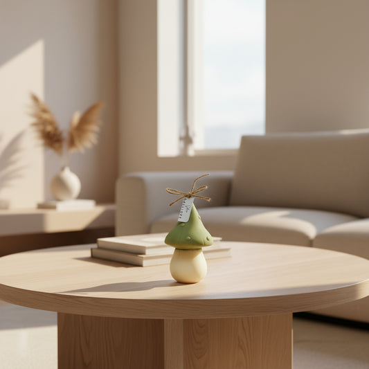 Mushroom-shaped decorative item with a tag on a light surface