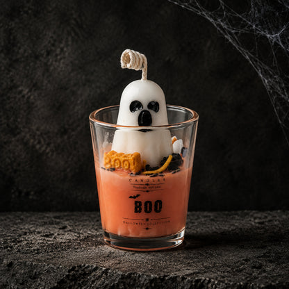 Χειροποίητο κερί Halloween Boo σε ποτήρι σφηνάκι με πορτοκαλί βάση