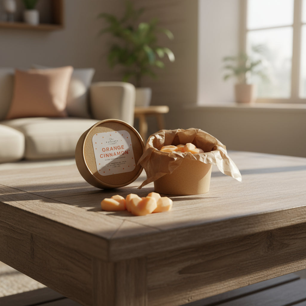 Wooden table with a container labeled 'Orange Cinnamon' and a small basket on a blurred living room background.