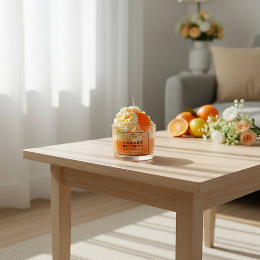 Candle labeled 'Orange Delight' on a wooden table with fruits and flowers in a home setting