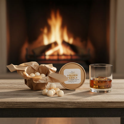 Table with a box of 'Golden Pearls', a jar labeled 'Golden Pearls', and a glass of whiskey in front of a fireplace.
