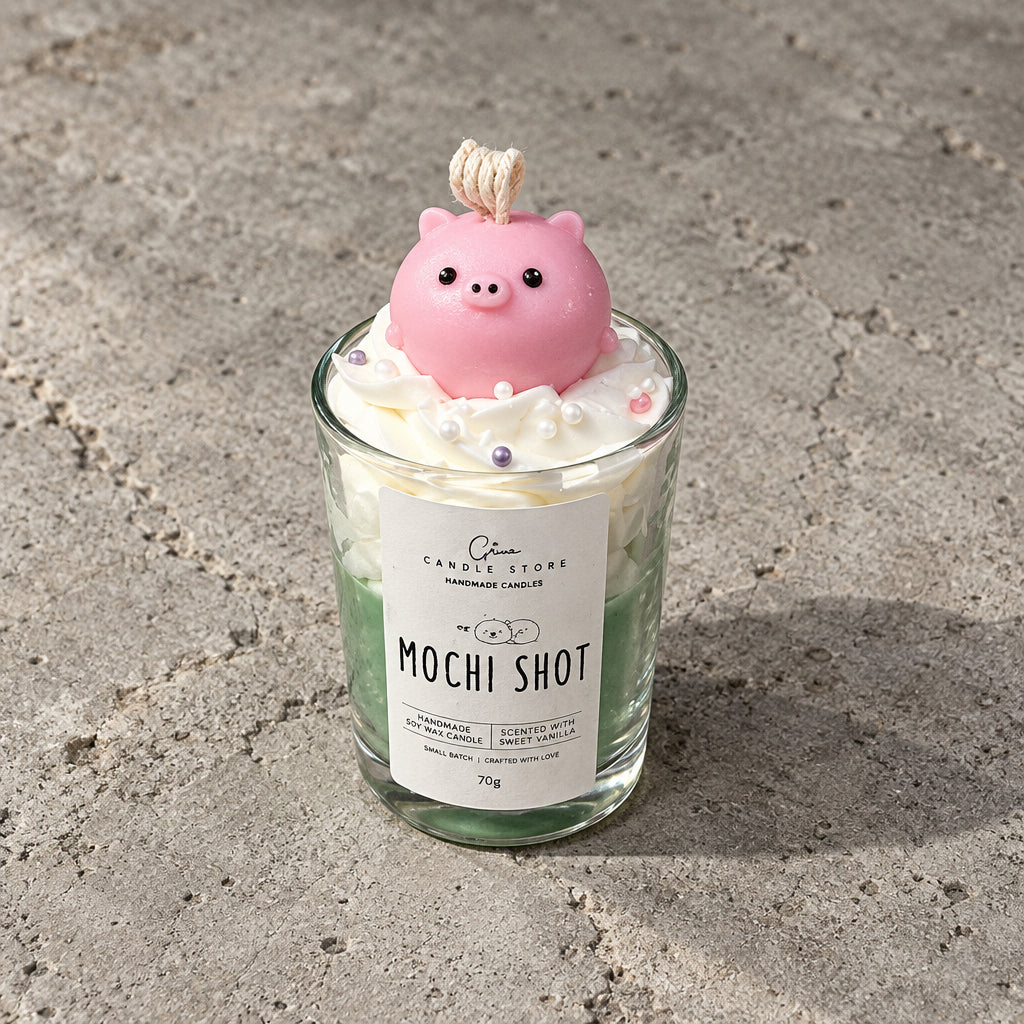Χειροποίητο dessert κερί Mochi Shot με ροζ γουρουνάκι