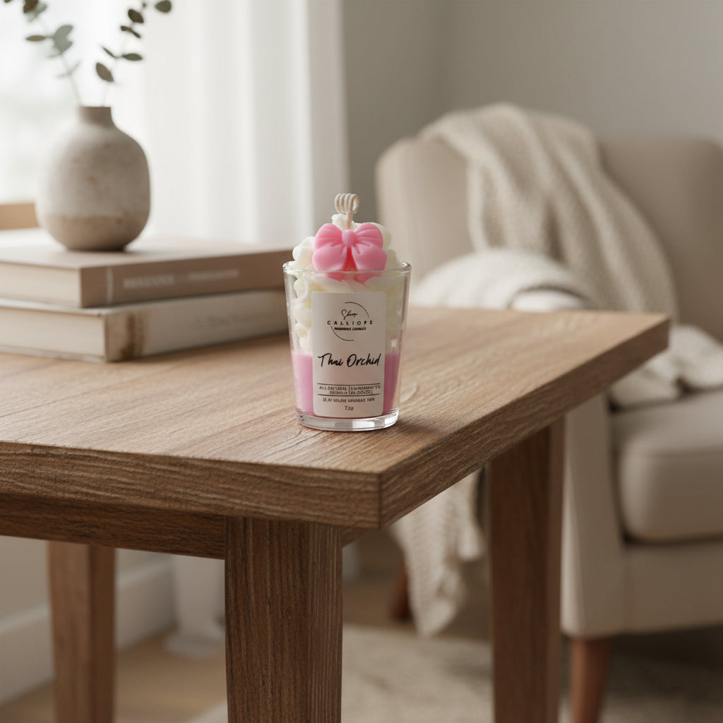Small candle in a glass jar with a pink bow on top, labeled 'Calliope'.
