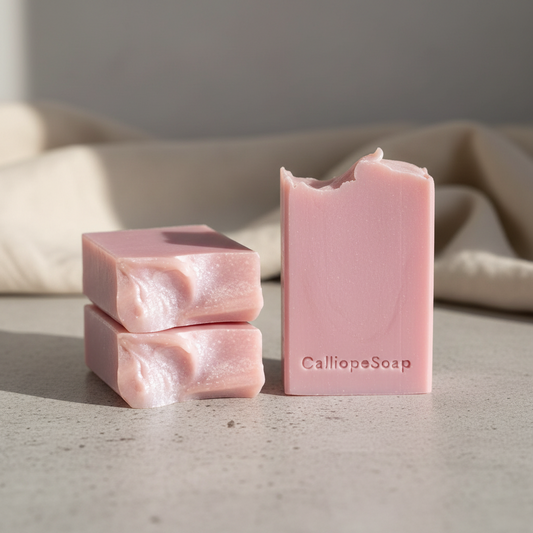 Three pink bars of soap with 'CalliopeSoap' branding on a neutral background