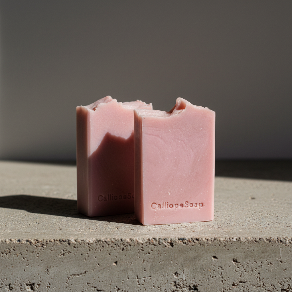 Two pink bars of soap with 'Calliope Soap' branding on a concrete surface.