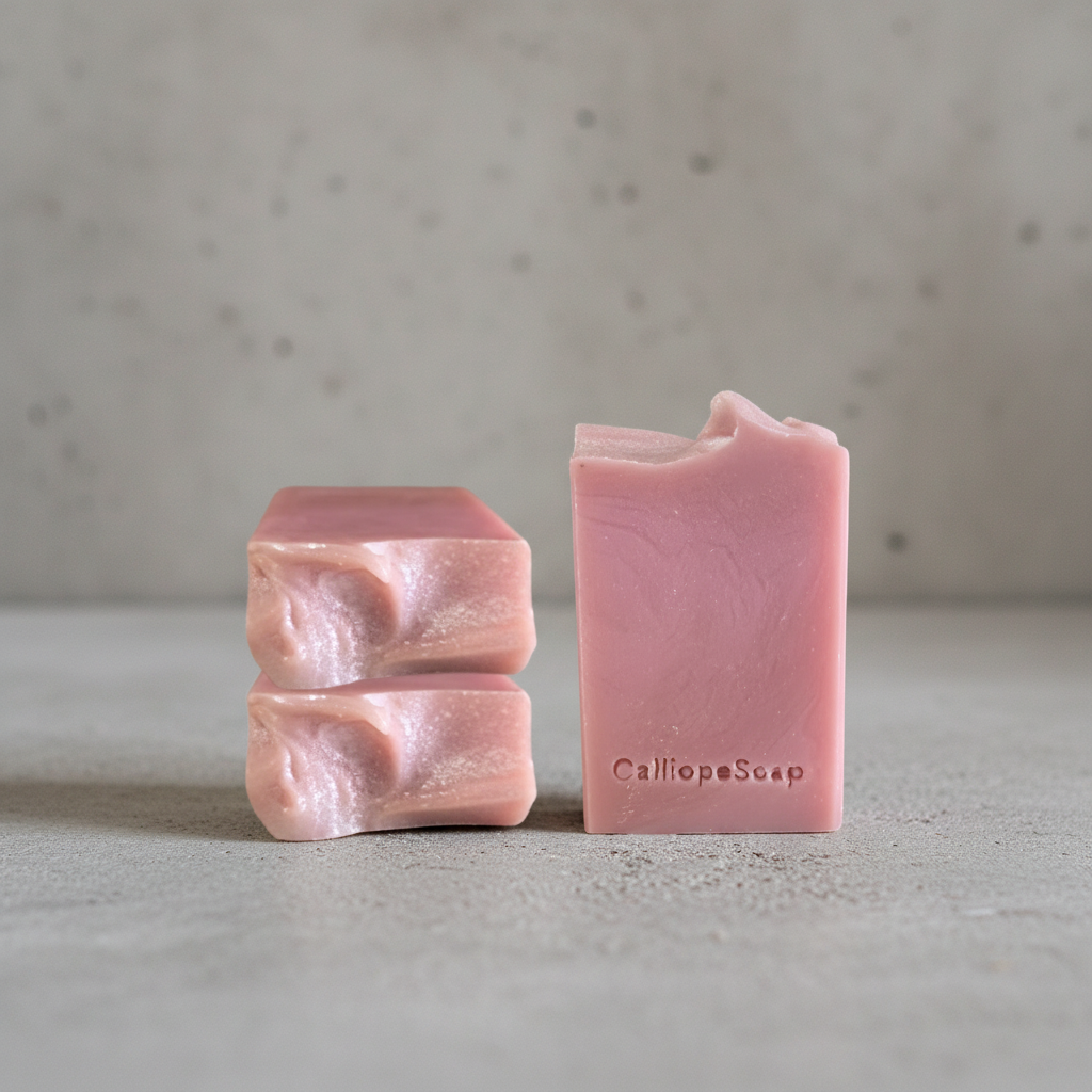 Three pink soap bars on a gray surface with a blurred background