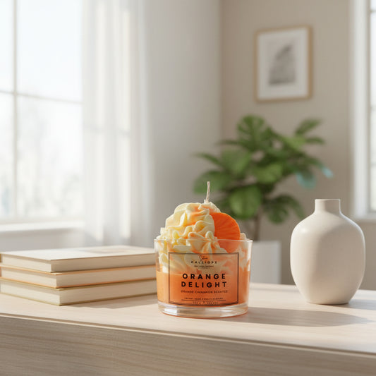 Candle labeled 'Orange Delight' with orange slices on top, placed on a surface.