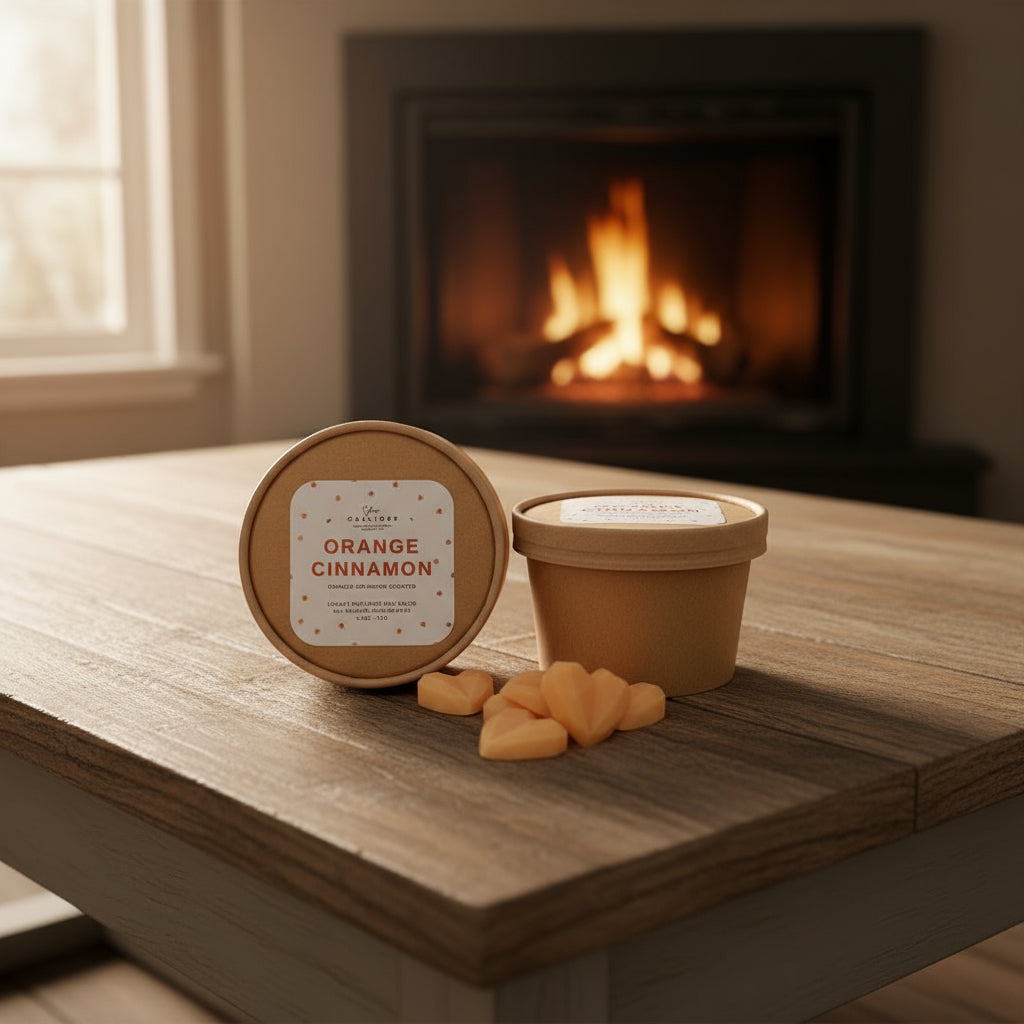 Two containers of 'Orange Cinnamon' candle on a wooden surface with a fireplace in the background.