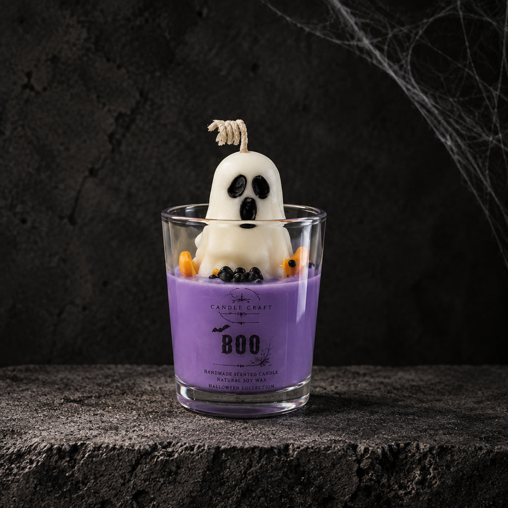 Χειροποίητο κερί Halloween Boo σε ποτήρι σφηνάκι με μωβ βάση