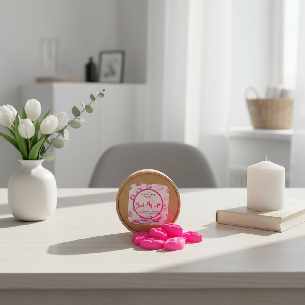 Pink lip-shaped wax melts in front of a round container with a label on a light surface.