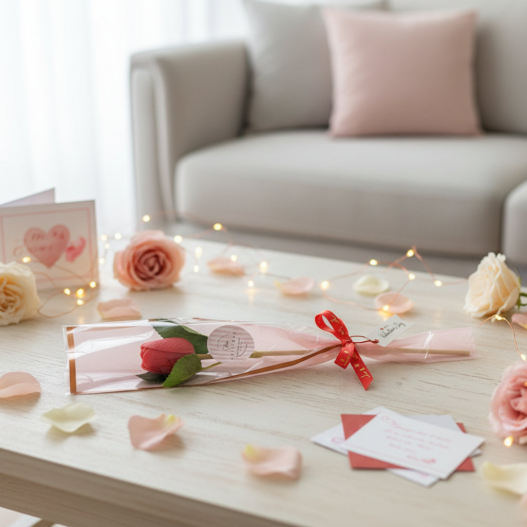 Red tulip wax melt wrapped in pink paper with a red bow on a table with flowers and cards in a living room setting.