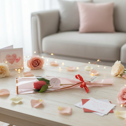 Red tulip wax melt wrapped in pink paper with a red bow on a table with flowers and cards in a living room setting.
