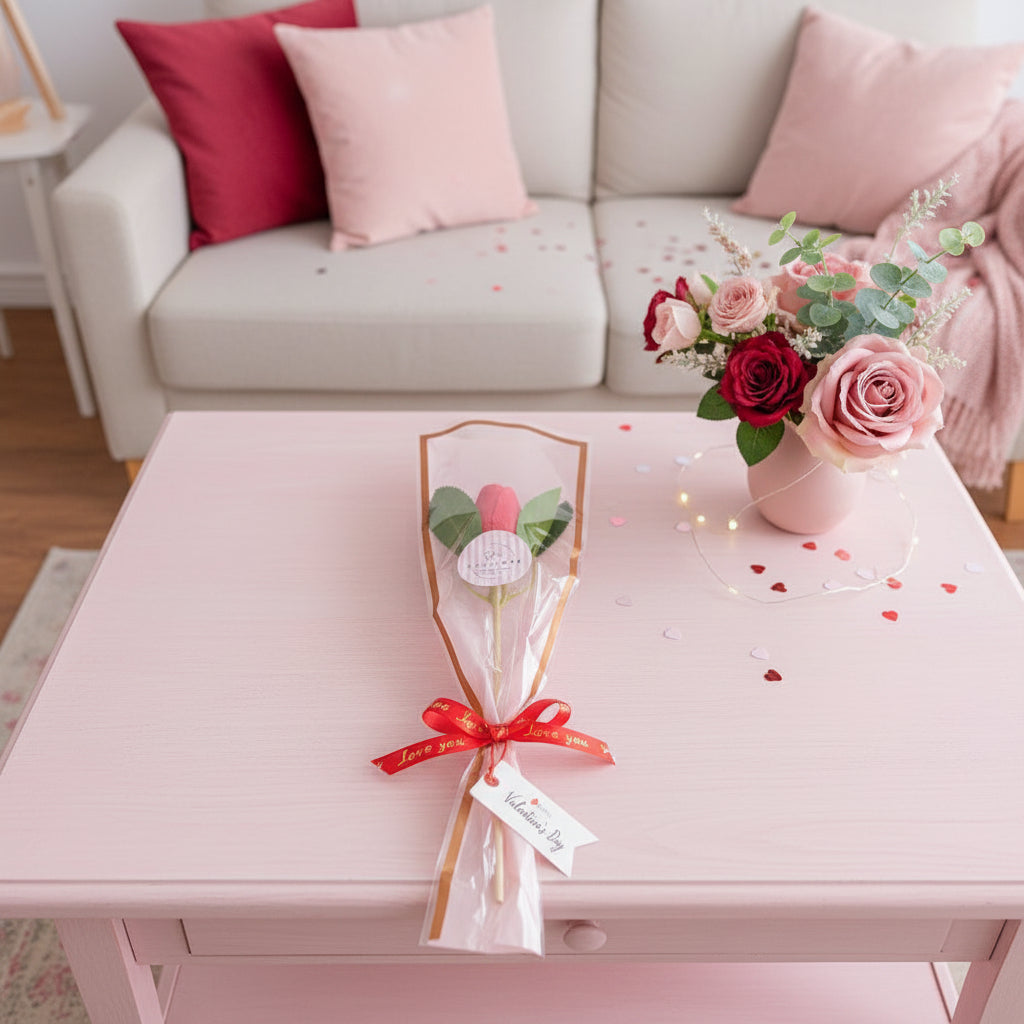 Red tulip wax melt and decorative items on a pink coffee table with a couch in the background