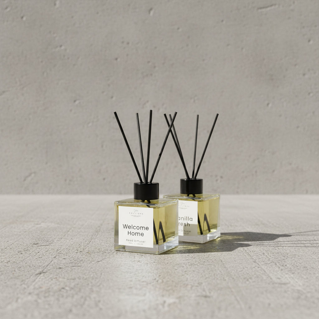 A set of clear glass reed diffuser bottles with black caps and white labels, arranged on a light wood shelf. The front row includes 'Welcome Home', 'Vanilla Fresh', and 'Clean & Fresh' scents, with more bottles stacked behind them.