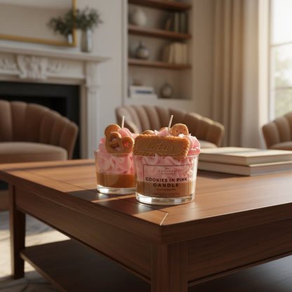 Two glass jars with pink contents and cookies on a wooden table in a cozy living room.