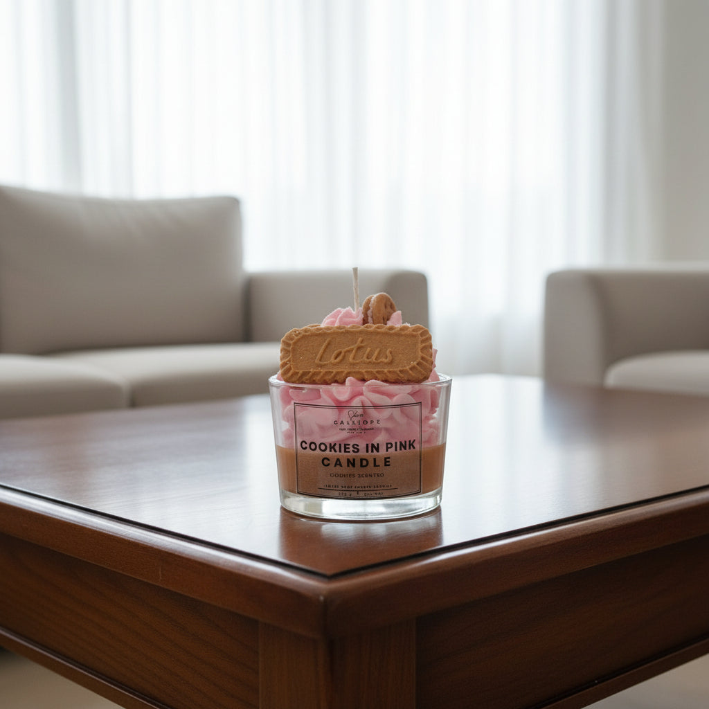 Cookies in Pink Candle with a cookie on top on a light surface.